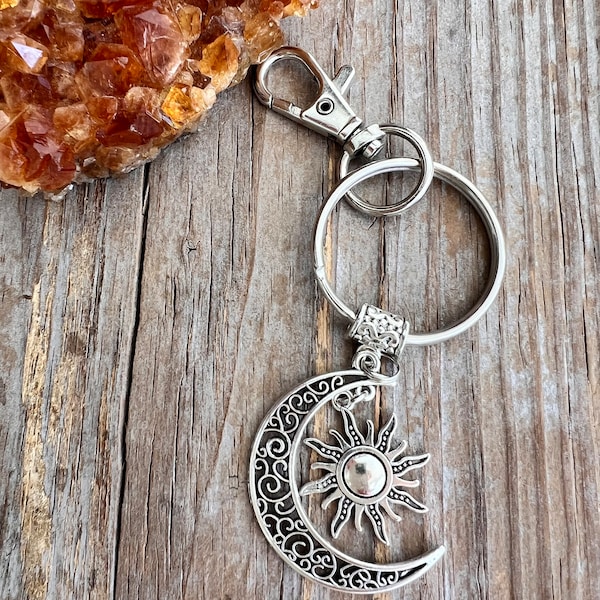 Crescent Moon Sun Keychain with Clasp for Bag, Sun Moon Key Ring with Fastener, Add Initial, Keyring Clip for Wallet