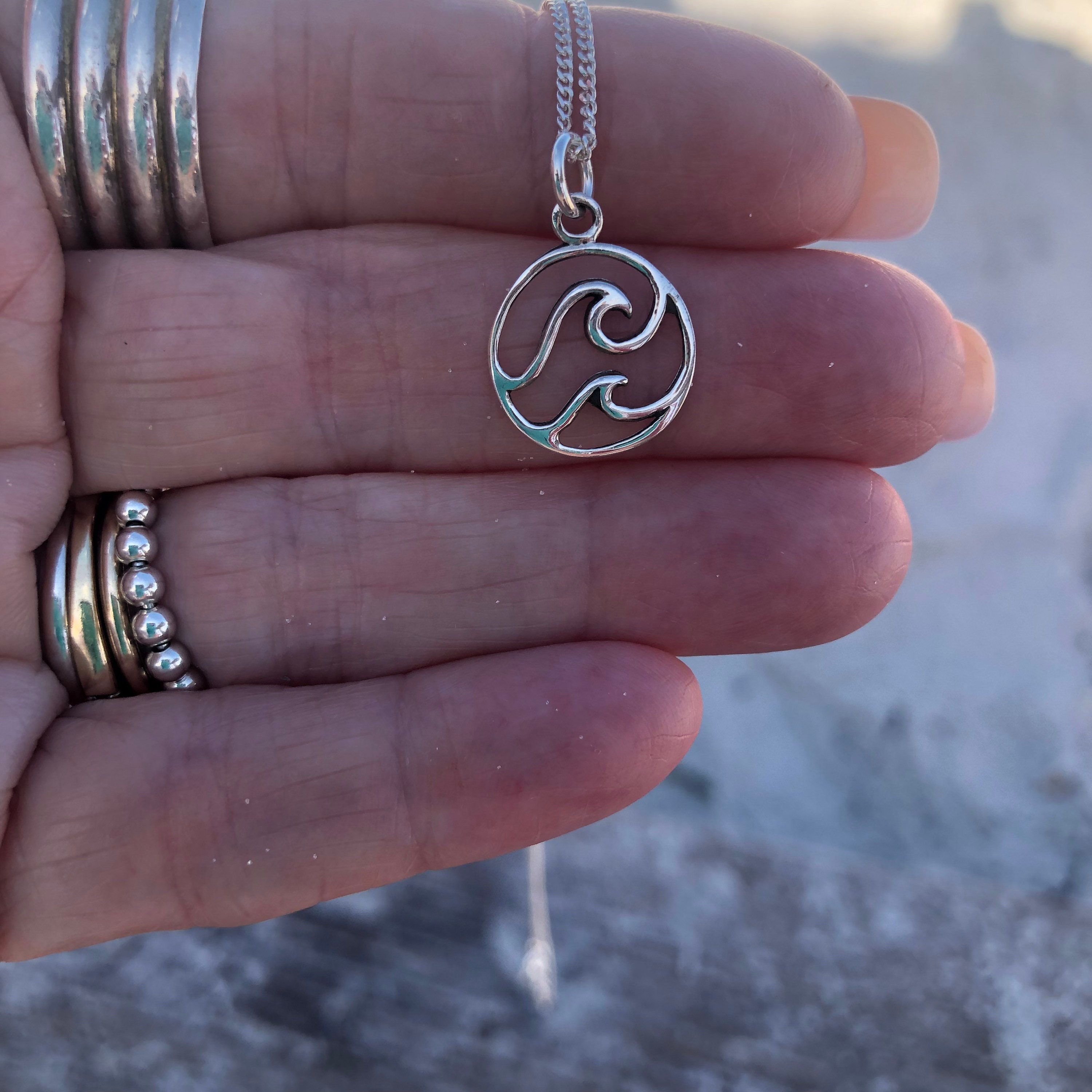 Silver Wave Pendant, Sterling Water Charm, Four Elements, Zodiac