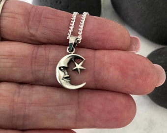 Small Sterling Silver Man in Moon, Silver Crescent Moon and Star, Moon Face Charm, Handcrafted Star Moon Charm