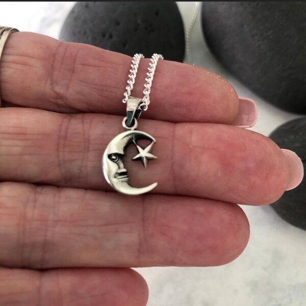 Small Sterling Silver Man in Moon, Silver Crescent Moon and Star, Moon Face Charm, Handcrafted Star Moon Charm