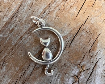 Sterling Silver Cat on Moon Pendant 925 Silver Kitty Crescent Moon Charm Gift  Magical Wiccan Cat Lover