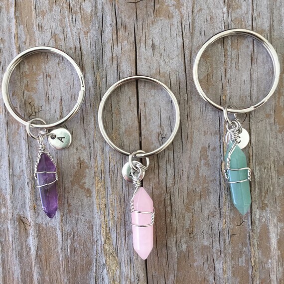 Crystal Key Chains/ Gemstone Charm Keychains/ Charms and Gemstones Key  ring/ Sun Compass Moon Tree Fairy Moon Wrapped Crystal Keyring