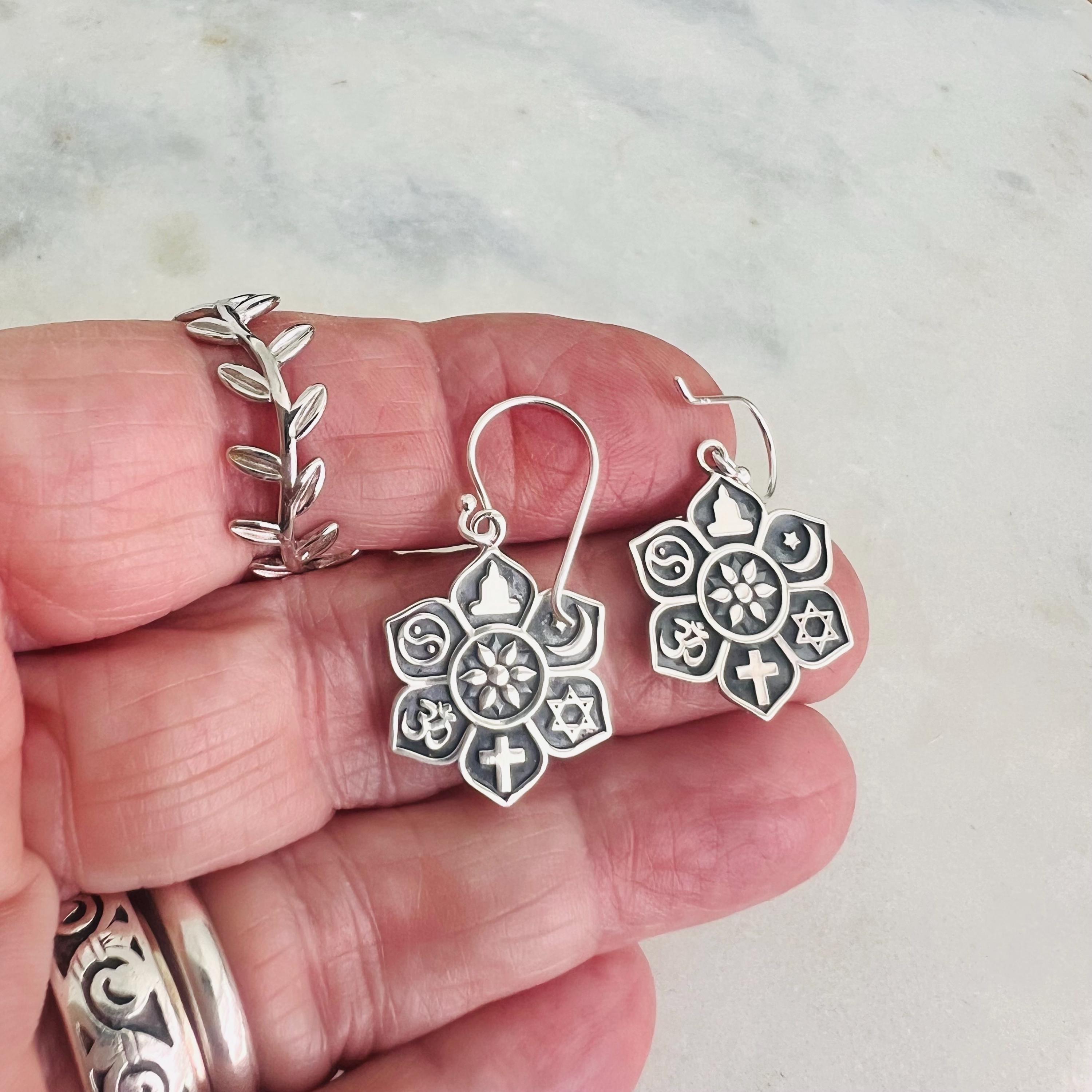 Sterling Silver Coexist Earrings: Yin Yang, Ohm, Lotus Charm