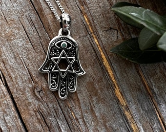 Silver Hamsa Evil Eye Pendant,  925 Sterling Star of David.  Tiny Manmade Turquoise, Hand of Fatima,  Protection Pendant