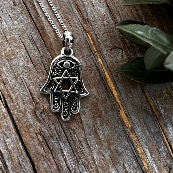 Silver Hamsa Evil Eye Pendant,  925 Sterling Star of David.  Tiny Manmade Turquoise, Hand of Fatima,  Protection Pendant