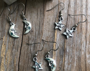 Star Earrings, Moon Earrings, Moon or Star Face Earrings or Sun Earrings. You Choose, Moon or Star or Sun, or Mismatch Moon Star Earrings