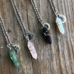 Wrapped Crystal Moon Necklace: Aventurine, Rose Quartz, Amethyst