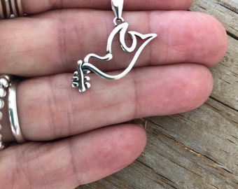 Silver Dove Charm, Sterling Peace Dove, Dove with Olive Branch, Dove of Peace,  Silver Nature Jewelry, Christian Dove ys