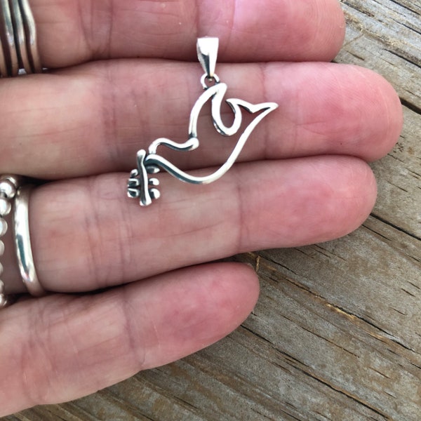 Silver Dove Charm, Sterling Peace Dove, Dove with Olive Branch, Dove of Peace,  Silver Nature Jewelry, Christian Dove ys