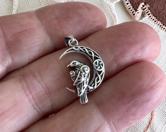 Sterling Silver Raven Moon Mini Pendant, Celtic Bird Crescent Moon Pentagram Necklace