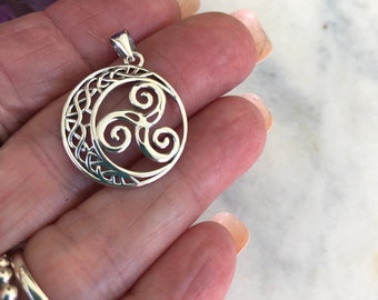 Celtic Moon Pendant, Sterling Triple Spiral, Triskelion Medallion, Celtic Moon , Celtic Swirl Moon Pendant Charm ys