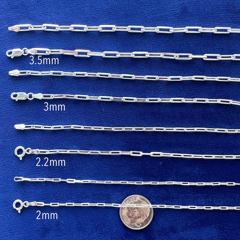 May include: Five silver chains of different sizes, laid out on a blue background. The chains are labeled with their size in millimeters: 3.5mm, 3mm, 2.2mm, and 2mm. A US quarter is included for scale.