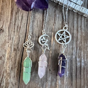 Crystal Fairy Moon Necklace, Wrapped Crystal with Charm, Pentacle Lotus Celtic More Choices, Gift For Her, Love Gift