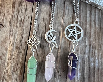 Crystal Fairy Moon Necklace, Wrapped Crystal with Charm, Pentacle Lotus Celtic More Choices, Gift For Her, Love Gift