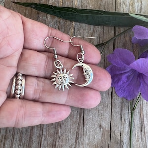 Silver Moon and Sun Earrings, Mismatch Celestial Earring Dangles, Sterling Solar Lunar Face Charms