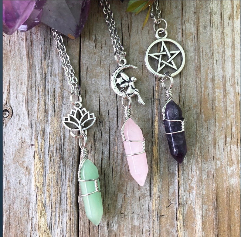 Crystal Fairy Moon Necklace, Wrapped Crystal with Charm, Pentacle Lotus Celtic More Choices, Gift For Her, Love Gift image 4