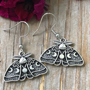 Luna Moth Earrings: Silver Moon Phase Butterfly Dangles, Moth with Moons Earring, Nature Jewelry
