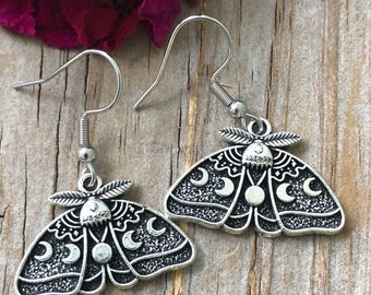 Luna Moth Earrings: Silver Moon Phase Butterfly Dangles, Moth with Moons Earring, Nature Jewelry