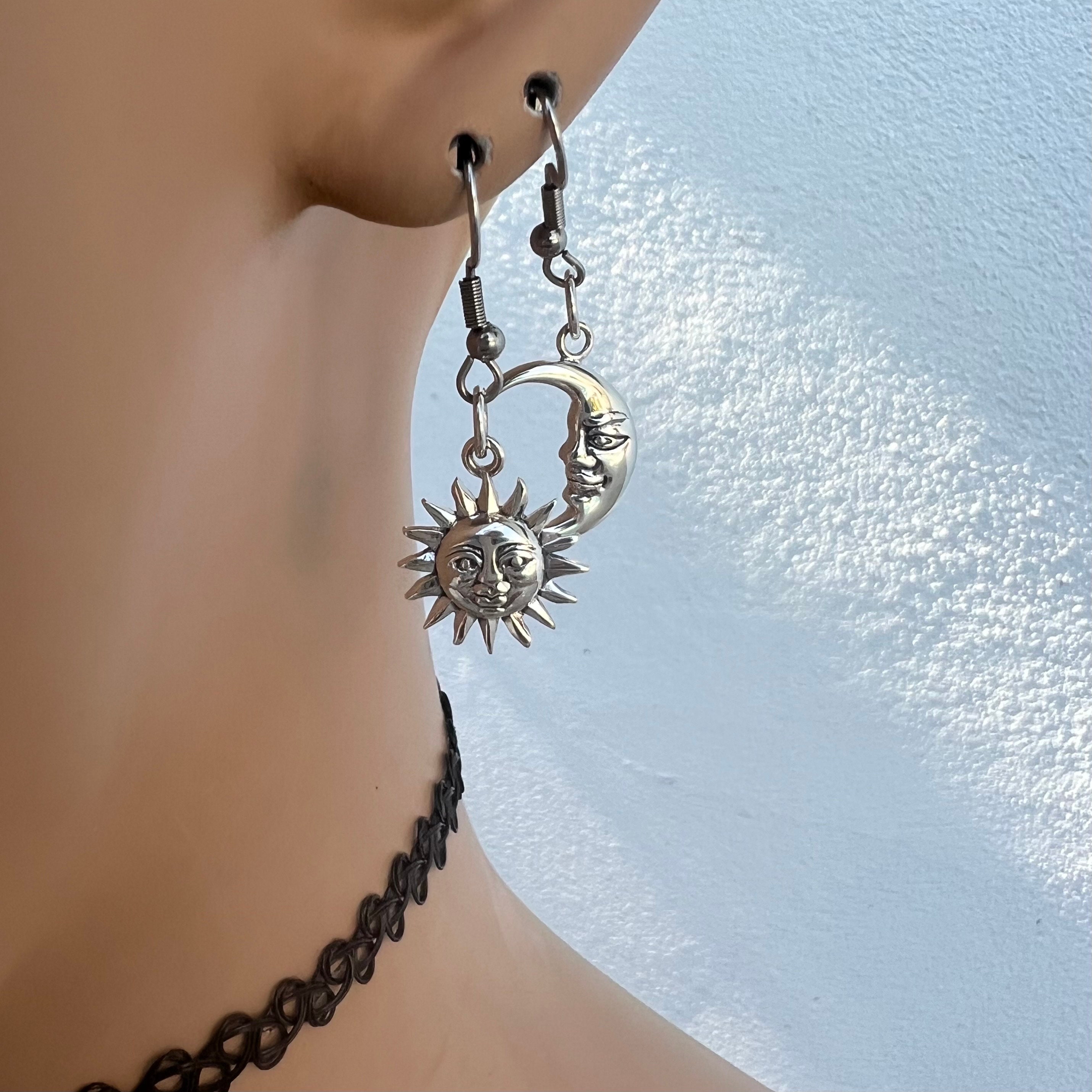 Silver Moon and Sun Earrings, Sterling Man in Moon, Silver