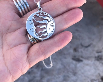 Handcrafted 925 Solid Sterling Silver Sun Moon Pendant, Silver Moon and Sun Face, Sun face Moon face, Celestial Medallion