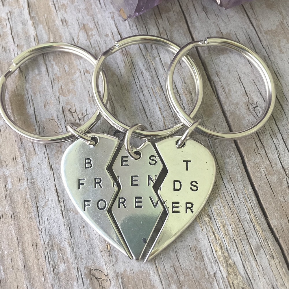 Best FRIENDS Forever Keychains Trio/ 3 Split Heart BFF Key Chains/ Triple Besties Keyrings/ Best Friends Forever Triple Keyrings/ Bff