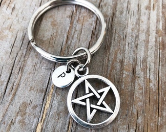 Pentacle Keychain,  Pentacle Initial Keyring, Personalized Pentacle Charm Key Chain