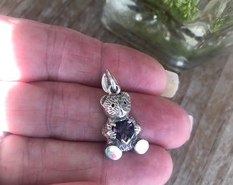 925 Sterling Silver Bear Holding Amethyst Heart,  Sterling Amethyst Bear Charm, Sterling Silver Teddy Bear with Amethyst Heart