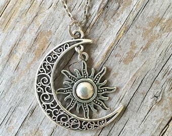 Crescent Moon Necklace/ Sun Necklace/ Moon Sun Necklace/ Sun Moon Necklace/ Celestial Necklace/ Sun Charm Necklace/ Lunar Moon/ Ohm/ Stars