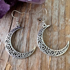 Filigree Crescent Moon Dangle Earrings: Crystal Point, Surgical Steel Ear Wires