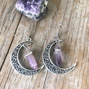 Crescent Moon Crystal Dangle Earrings: Silvertone Filigree, Surgical Steel