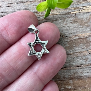 May include: A silver Star of David pendant. The pendant is a six-pointed star with a loop at the top for a chain. The pendant is displayed against a wooden background with a small green plant.