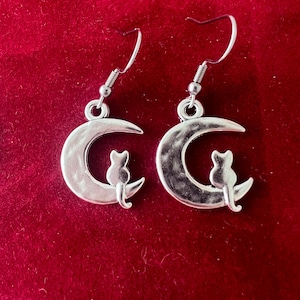 Cat on Moon Dangle Earrings: Feline Pet Jewelry