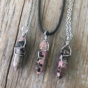 Rhodonite Necklace, Wire Wrapped Crystal Necklace,  Crystal Rhodonite, Pink crystal, Genuine Rhodonite Wire Wrapped, Gemstone