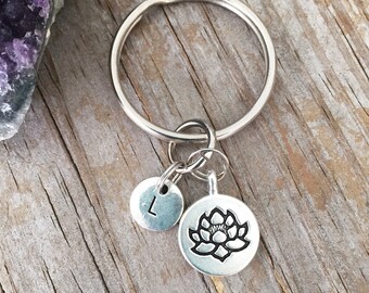 Lotus Keyring, Engraved Lotus Key chain, Initial Lotus Flower, Personalized Lotus Keyring