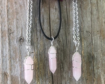 Rose Quartz Crystal Necklace, Wire Wrapped Crystal  Necklace, Healing Rose Quartz, Stone of Love Gift for Mom