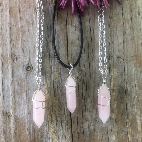 Rose Quartz Crystal Necklace, Wire Wrapped Crystal  Necklace, Healing Rose Quartz, Stone of Love Gift for Mom