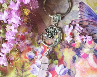 Crystal Key Chains/ Gemstone Charm Keychains/ Wrapped Crystal Key ring/ Sun Compass Moon Tree Fairy Moon Wrapped Crystal Keyring