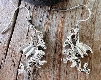 Dragon Earrings: Mythic Winged Dragon, 2 sided Goth Dangle Dragons