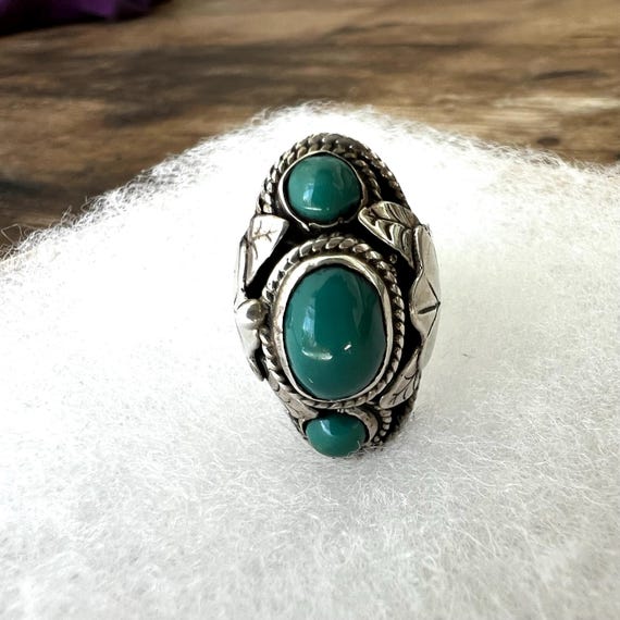 Turquoise Sterling Silver Poison Ring, Vintage Taxco Mexico