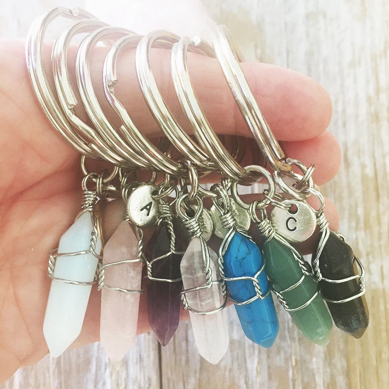 Crystal Keychain, Crystal Initial Key Chain, Crystal Keyring, Initial Key Chain, Healing Crystal, Crystal Key Holder, Personalized W R image 3