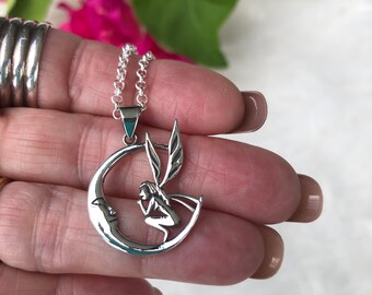 Solid 95 Sterling Silver Fairy Moon Charm,  Sterling Fairy Pendant, Silver Crescent Moon,  Pixie on Moon Charm, Sterling Moon