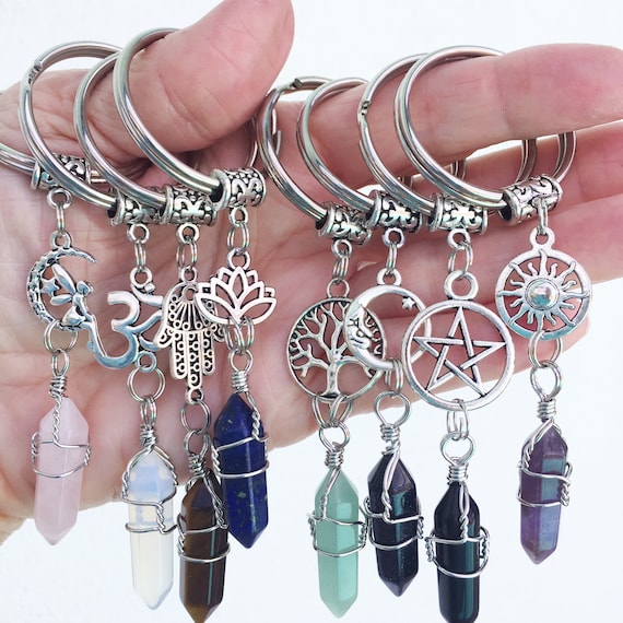 Gemstone Crystal Natural Stone Heart Necklace Keyring Jewellery Key Rings Charm