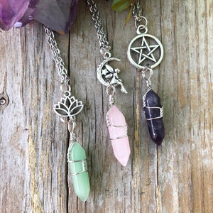 Crystal Fairy Necklace, Wrapped Crystal, Lotus Charm with Crystal, Pentacle or More Choices, Gift For Her, Love Gift