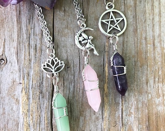 Crystal Fairy Necklace, Wrapped Crystal Necklace, Lotus Crystal Necklace, Crystal Pentacle Necklace, Wrapped Crystals, Crystal Jewelry