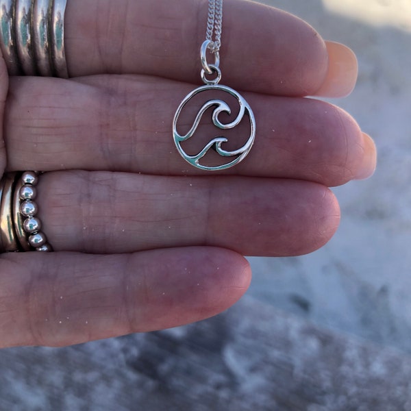 Silver Wave Pendant, Sterling Water Charm, Four Elements, Zodiac Cancer Water Charm, Ocean Charm, Beach Jewelry lmw