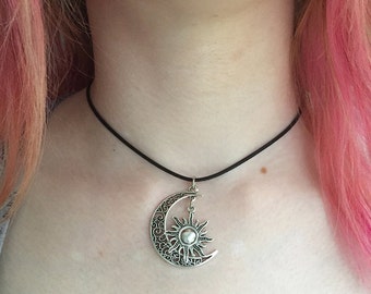 Moon Sun Pendant, Crescent Moon with  Sun Dangling Pendant, Moon Phase and Sun Jewelry