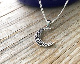 925 Sterling Silver MOON Pendant, Celtic Hearts Crescent Moon,  Filigree Moon with Hearts, Silver Celestial,  Romantic Lunar Charm