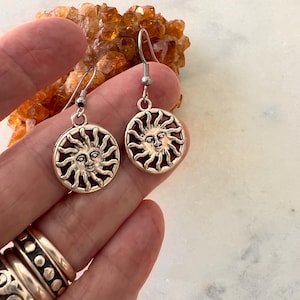 Sun Face Drop Earrings: Celestial Silvertone Sun Goddess Jewelry