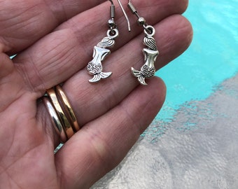 Mermaid Earrings, Little Mermaid Dangle Earrings, Beach Surf Jewelry, Mermaid Charm Earring