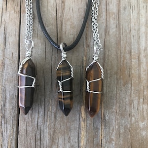 Tiger Eye Necklace, Tigers Eye Wire Wrapped Crystal, Natural Tiger Eye Crystal on Chain or Cord